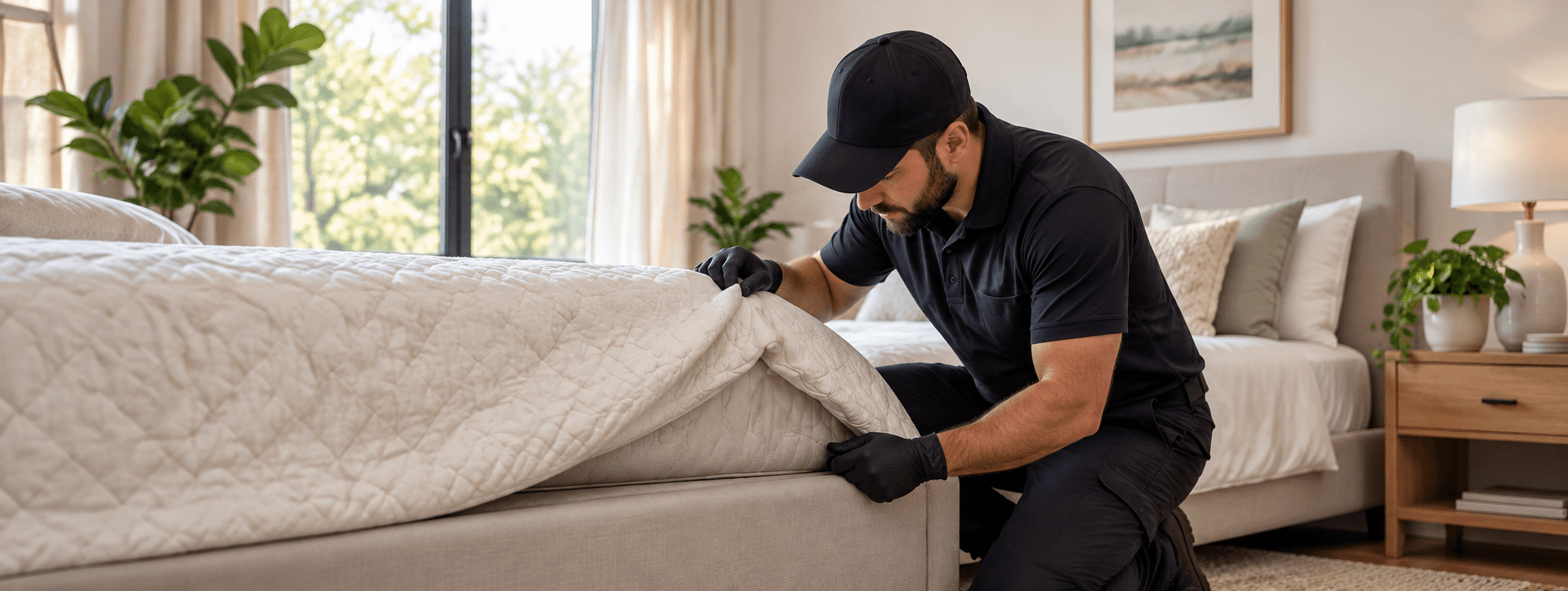 A pest professional checking a mattress during an inspection