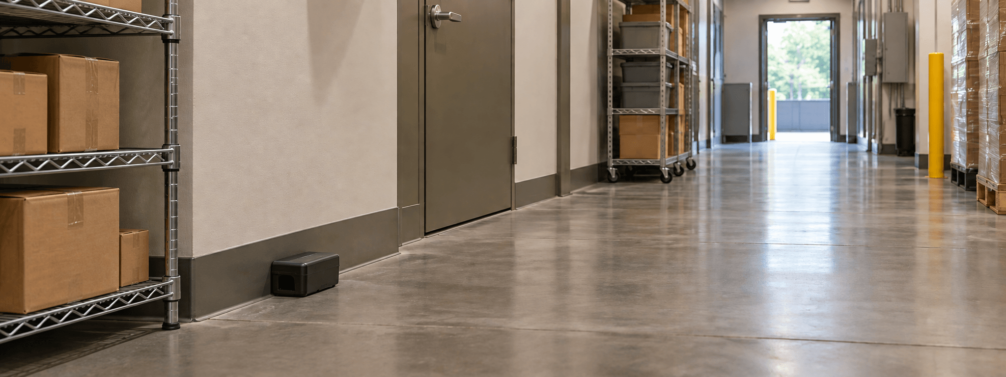 A commercial facility corridor with realistic stockroom shelving and a discreet pest monitoring station