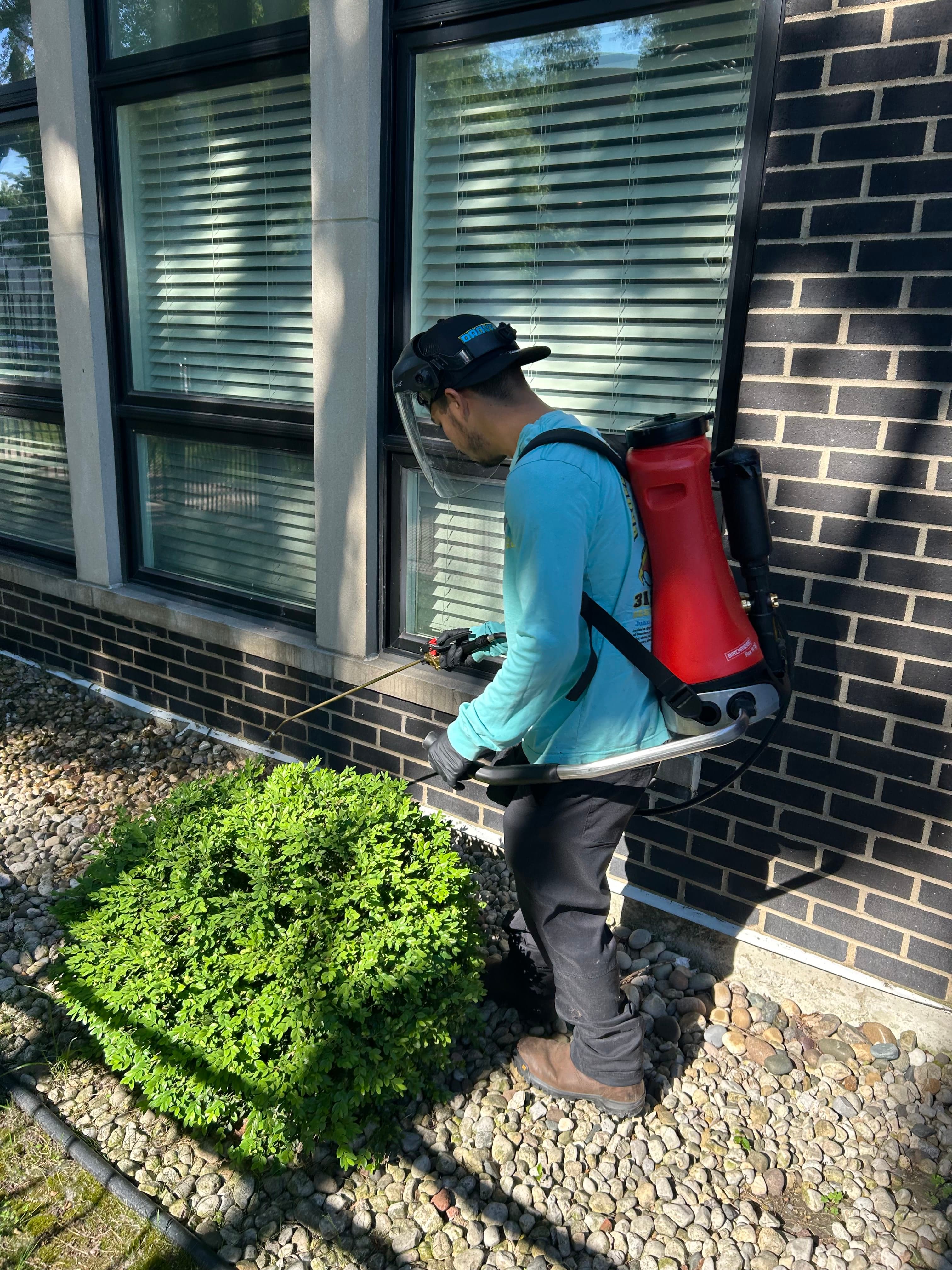 A pest technician treating the exterior of a commercial building