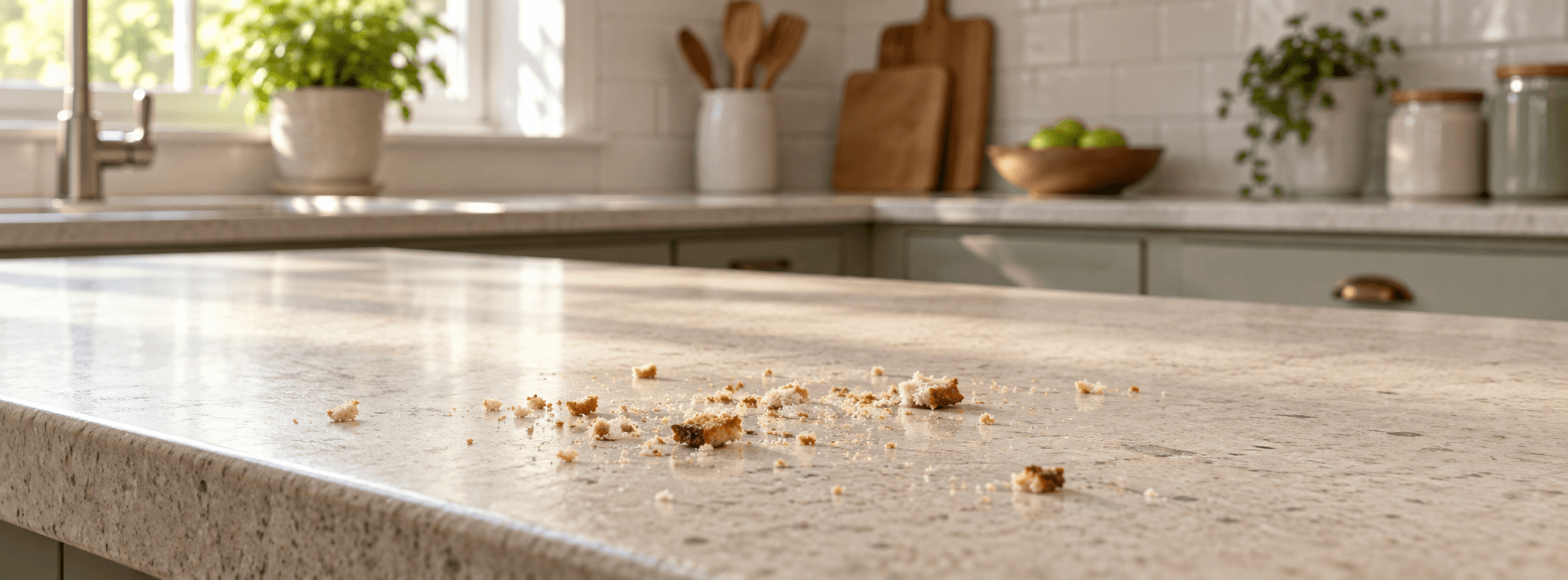 A few crumbs scattered on a kitchen counter