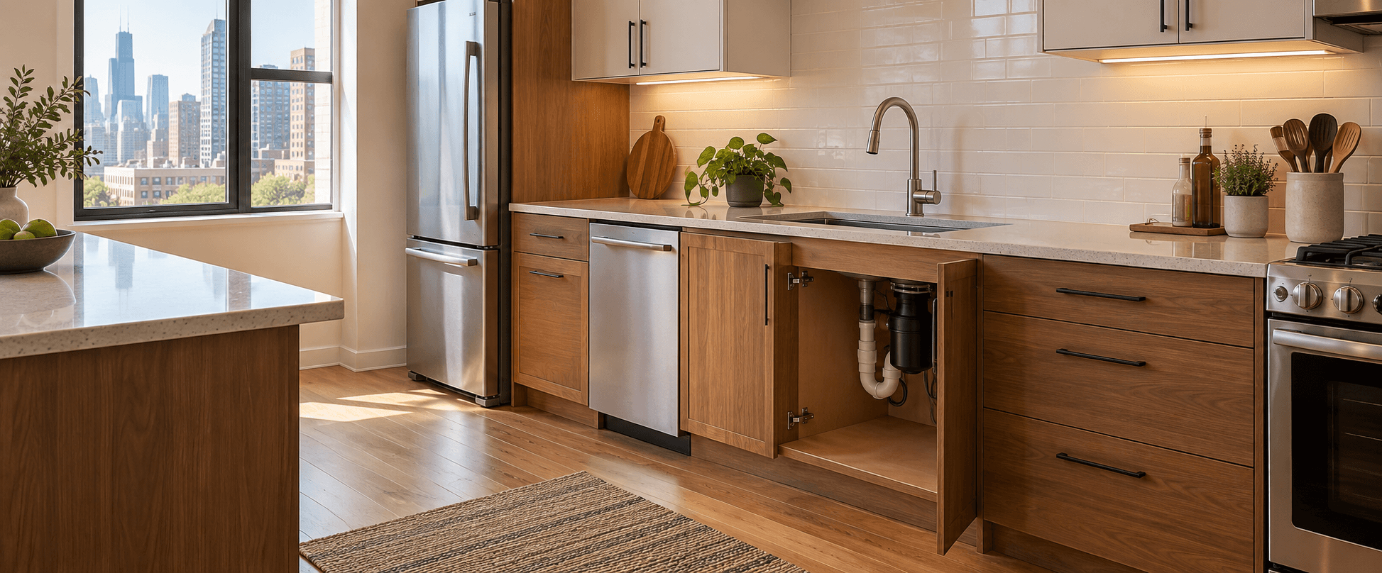An empty, sunlit apartment kitchen with the under-sink cabinet open