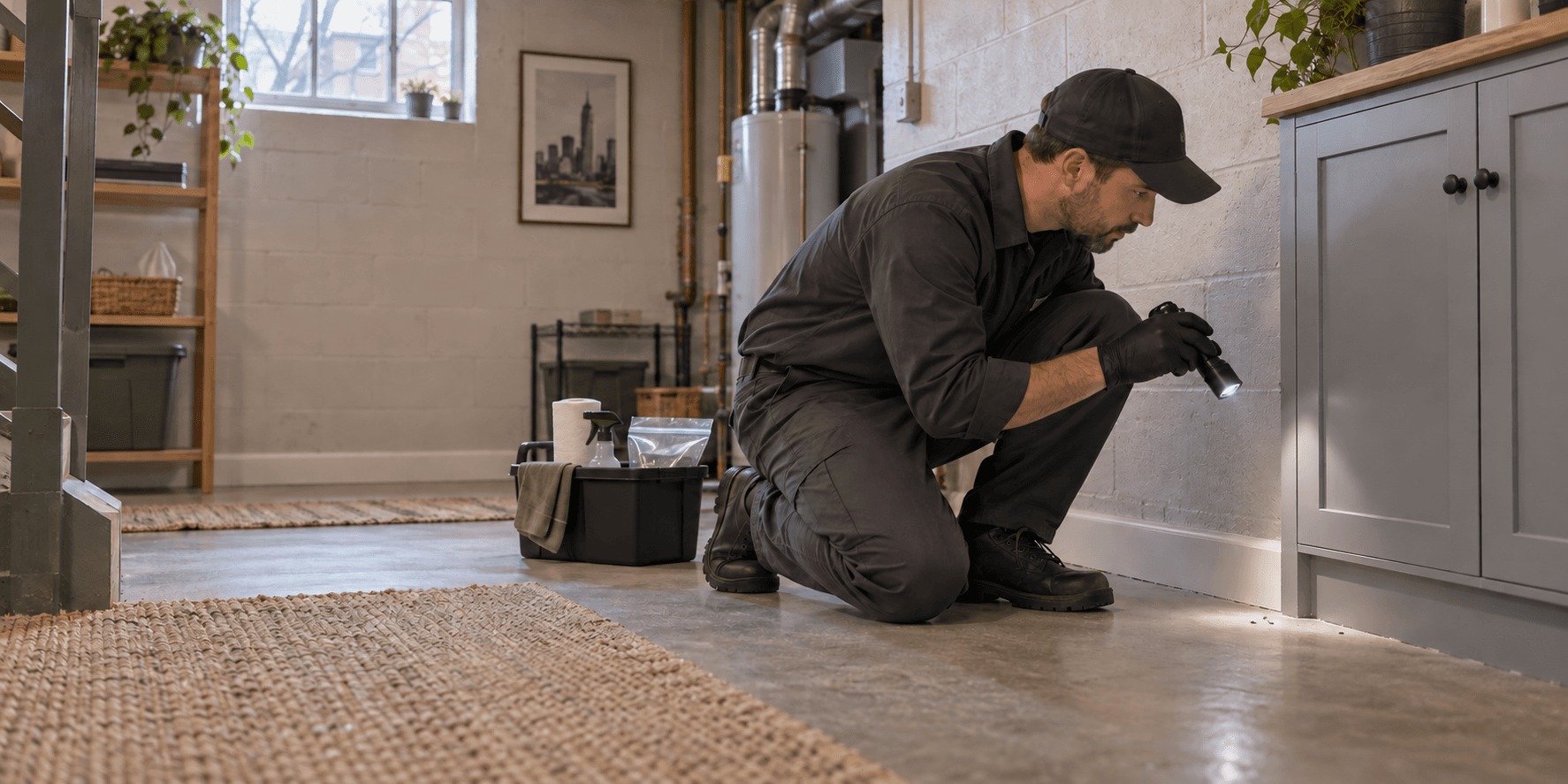A pest technician inspecting a basement cabinet and baseboard with a flashlight