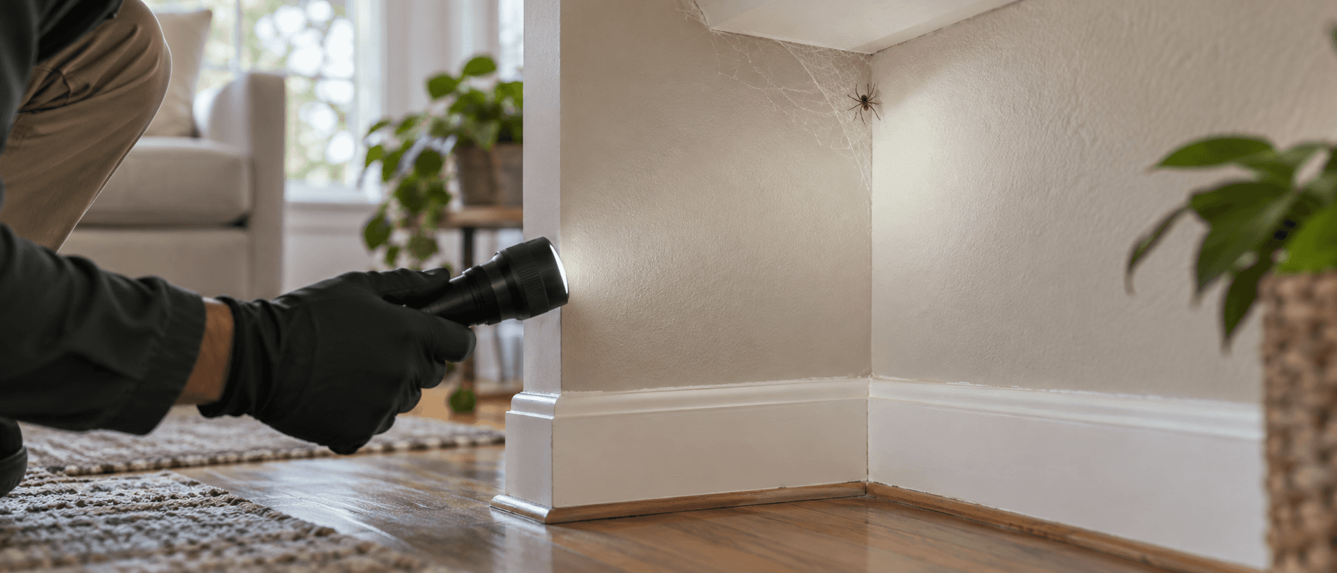 A pest professional inspecting a small spider and web near a home’s baseboard